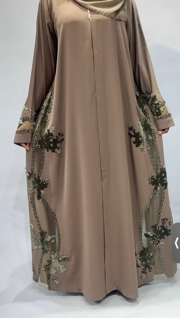 Olive Bloom Embroidered Open Abaya