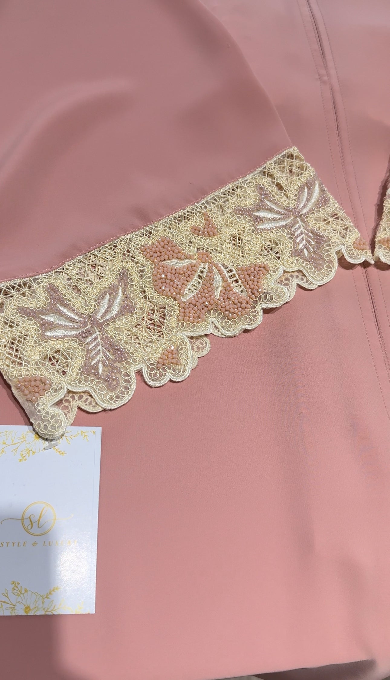 Blush Lace-Trimmed Open Abaya