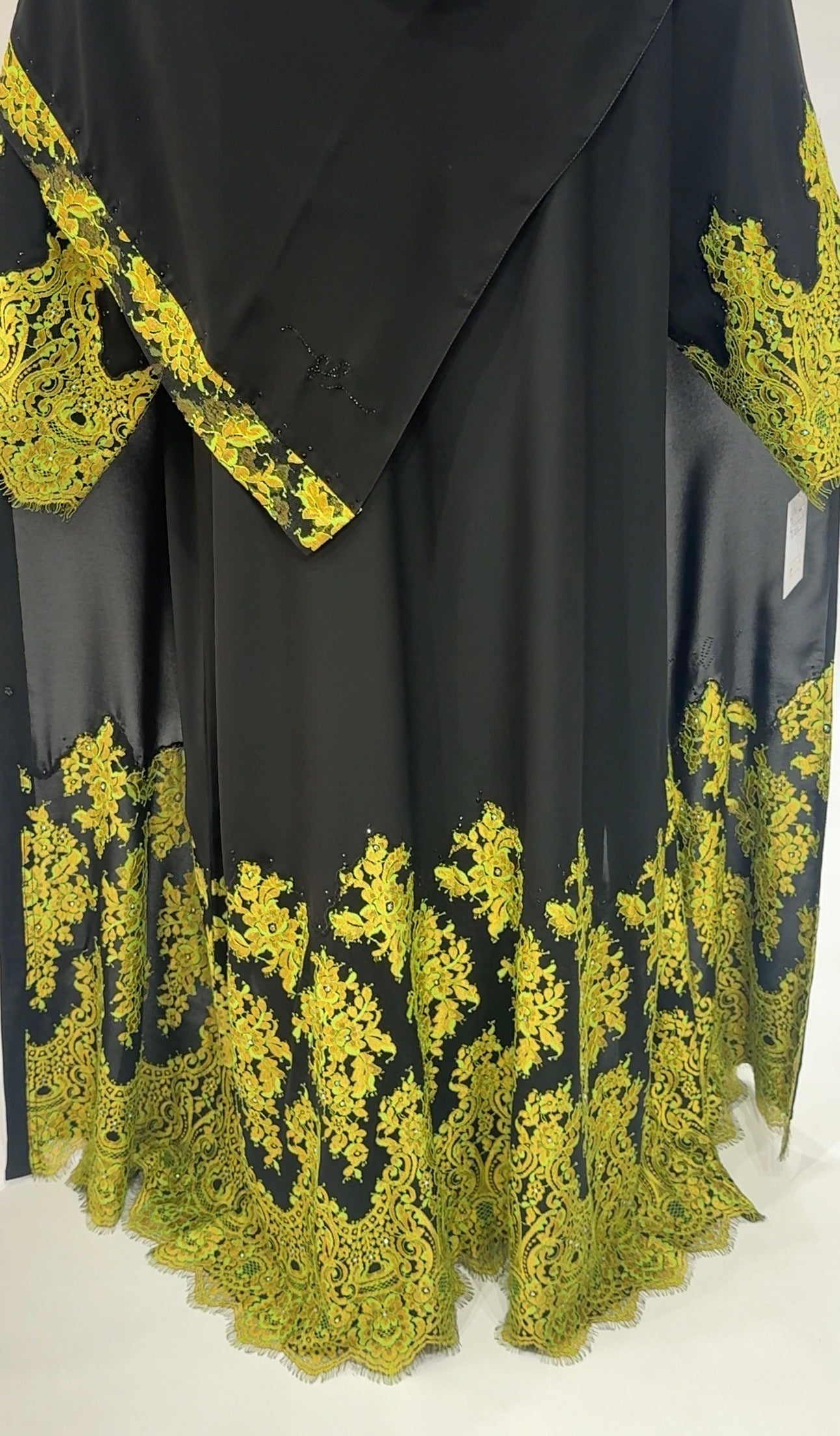 Black Abaya with Vibrant Yellow-Green Lace Hem Exclusive-Abaya