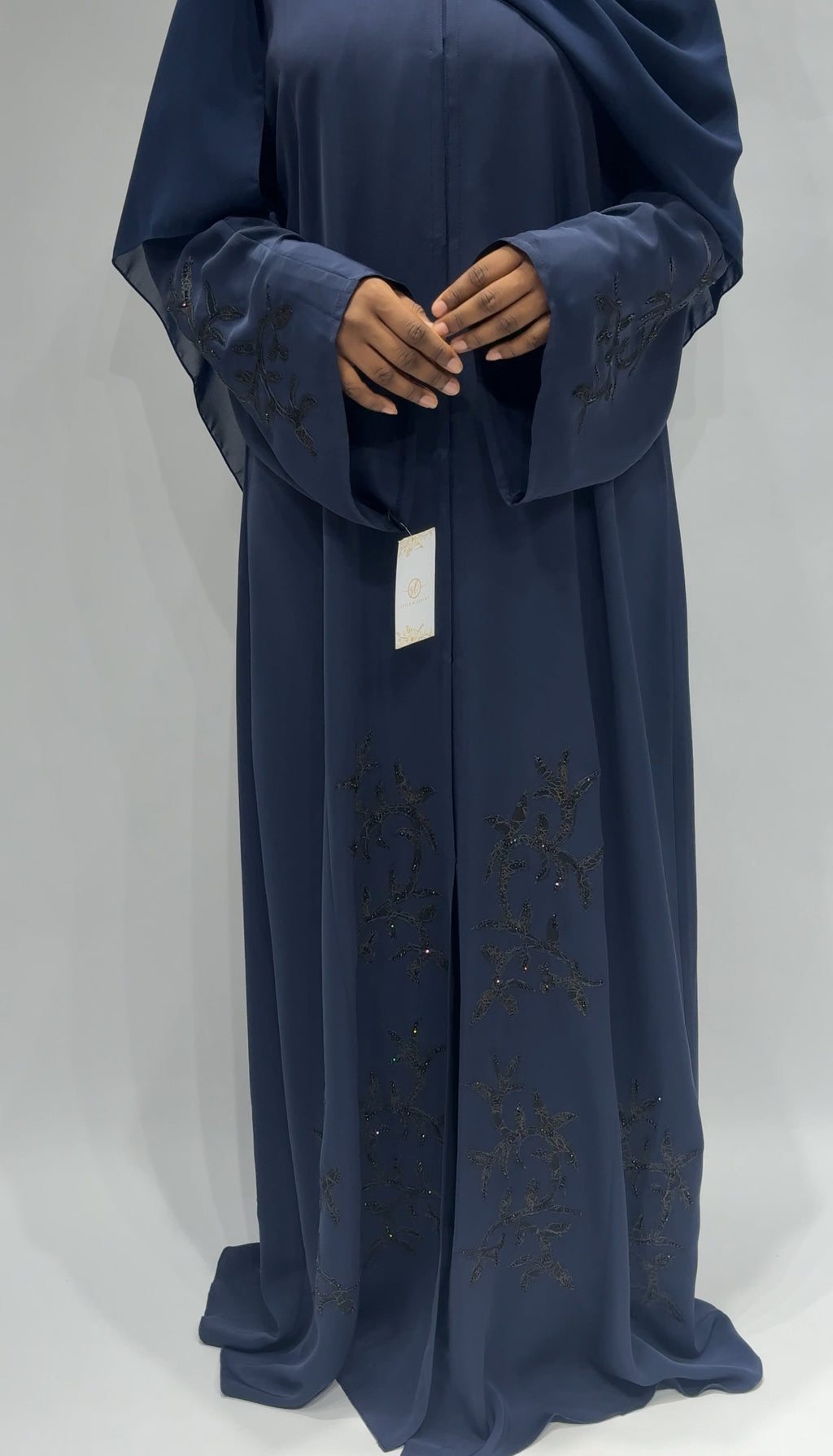 Dusty Blue Open-Front Abaya with Beaded Embroidery