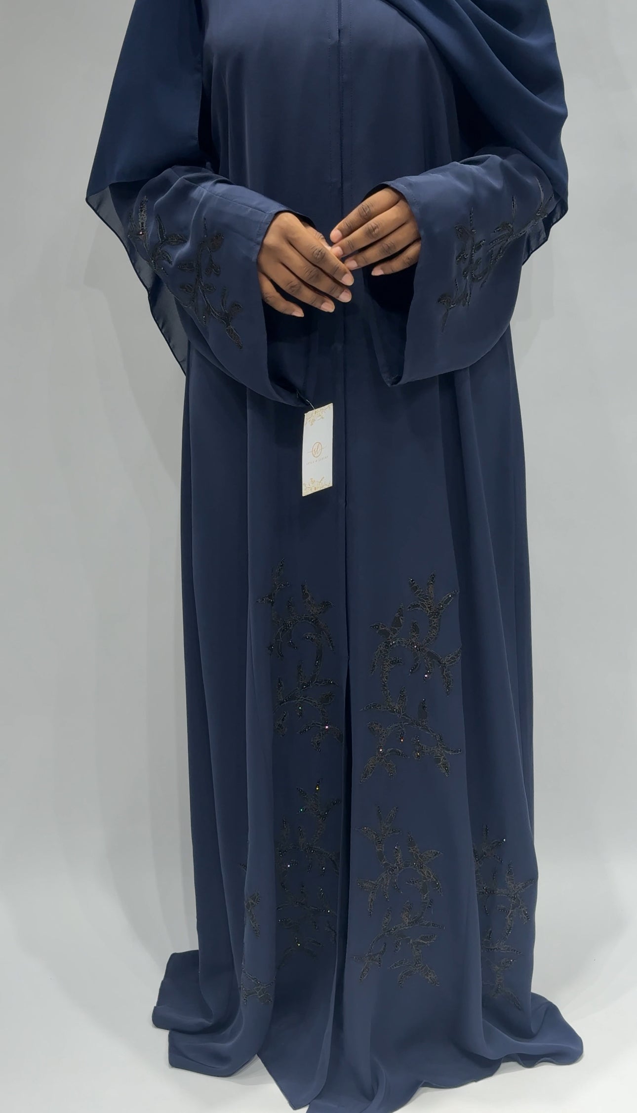Dusty Blue Open-Front Abaya with Beaded Embroidery