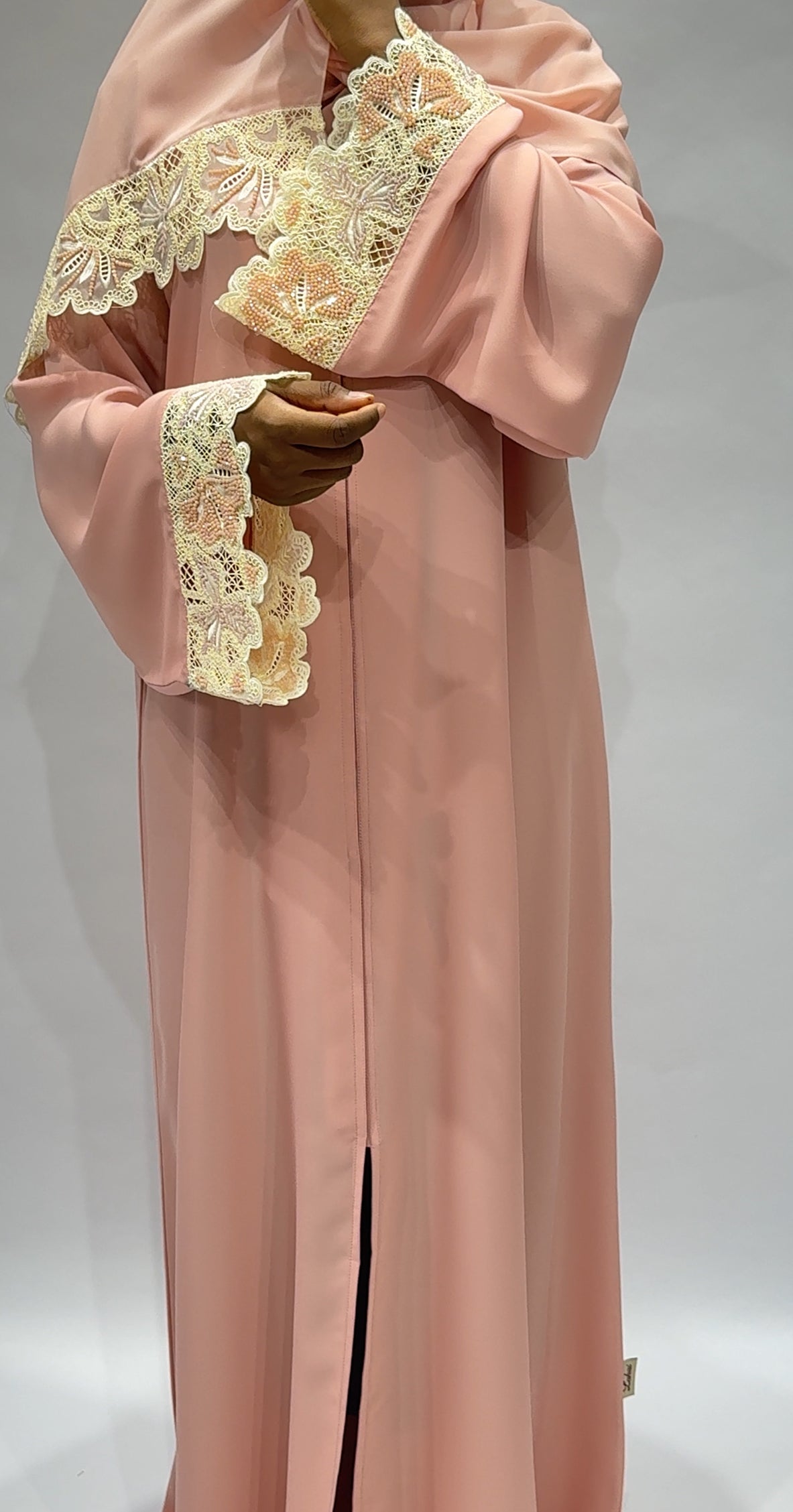 Blush Lace-Trimmed Open Abaya