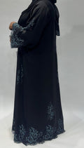 Embellished Black Lace Open Exclusive-Abaya with Blue Floral Embroidery