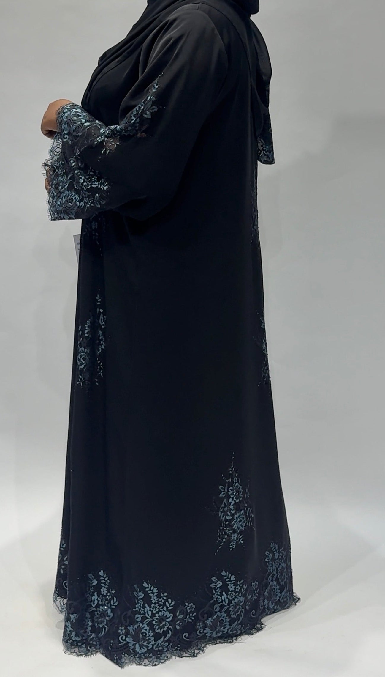 Embellished Black Lace Open Exclusive-Abaya with Blue Floral Embroidery