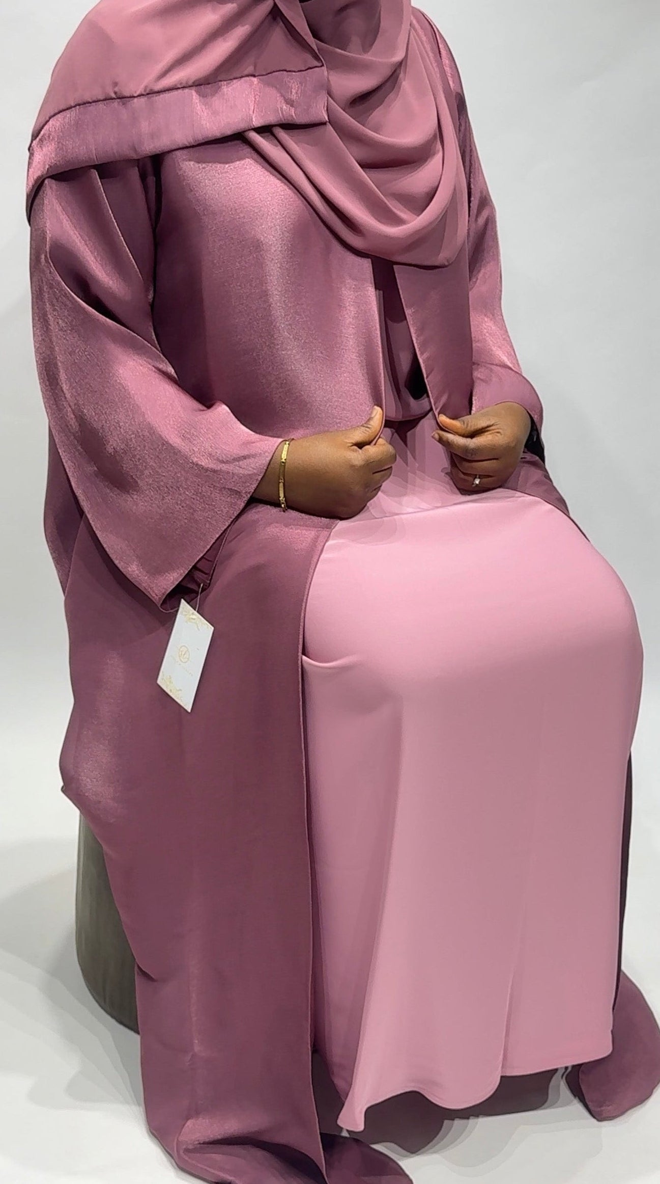 3-Piece Mauve Satin Organza Open Abaya Set