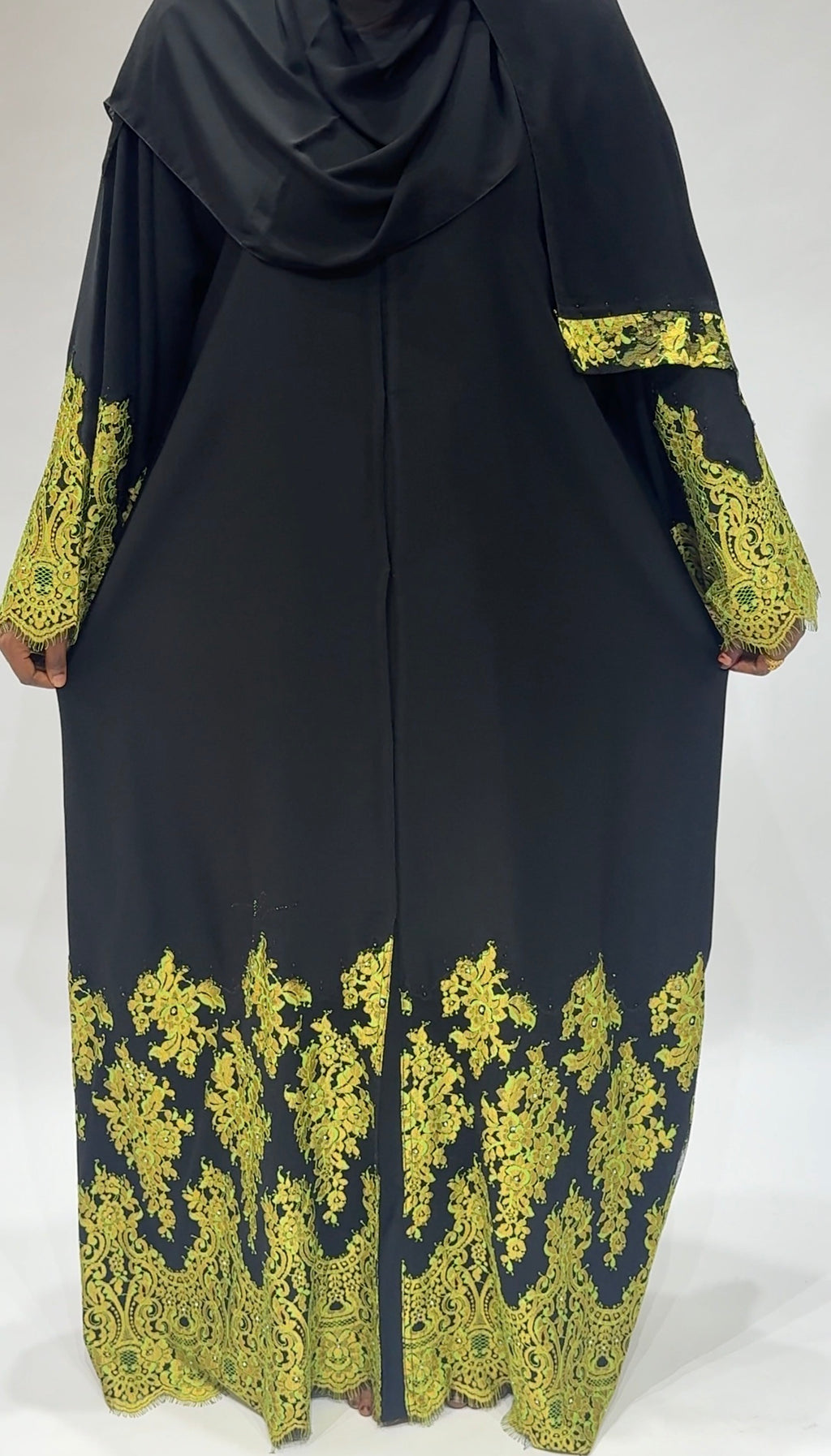 Black Abaya with Vibrant Yellow-Green Lace Hem Exclusive-Abaya