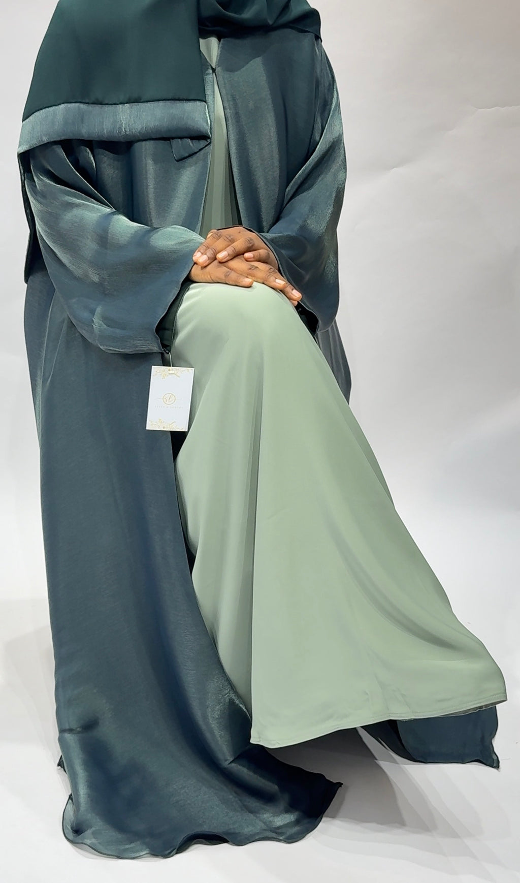 Emerald Mist Classic satin organza with inner Korean nidha fabric Abaya