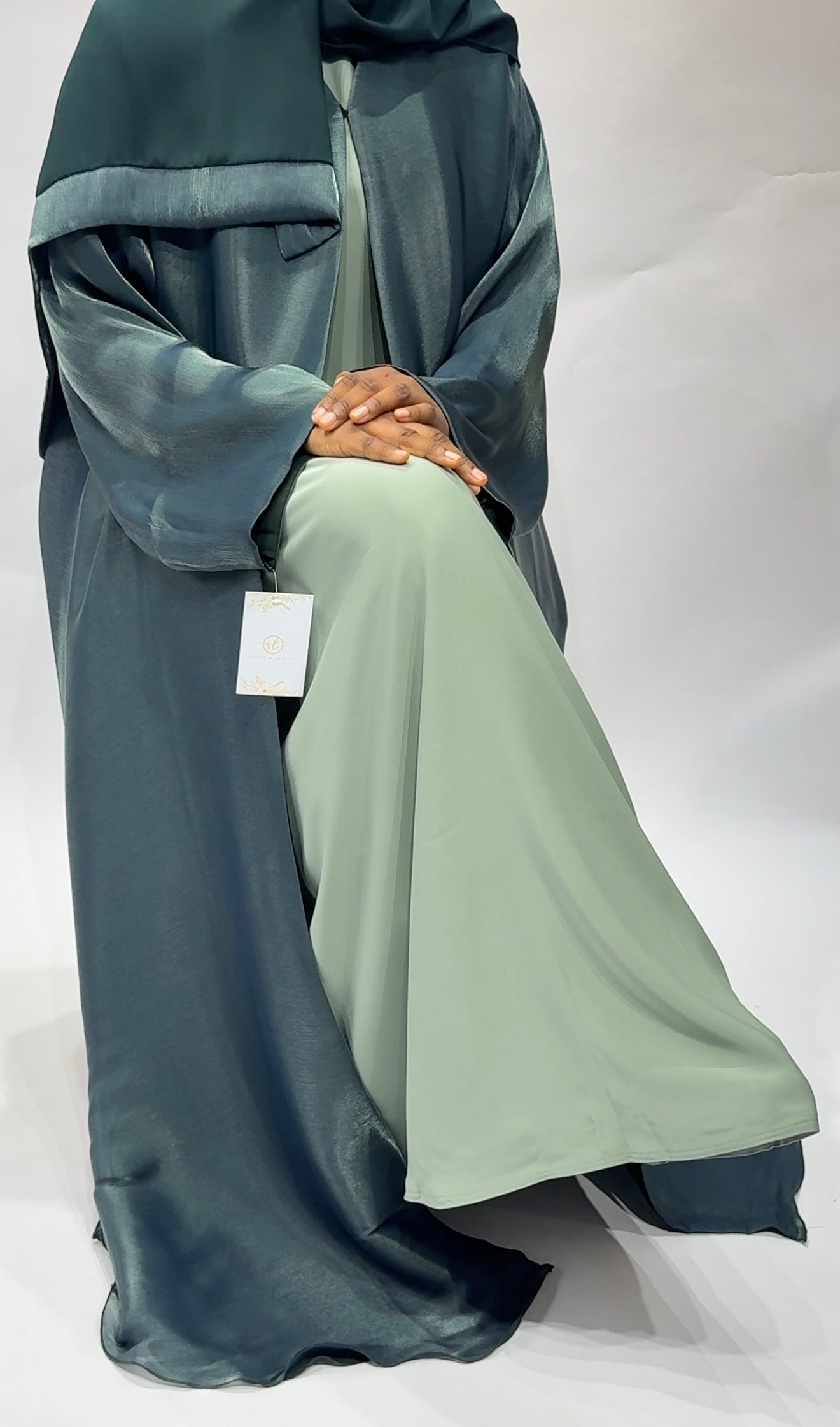 Emerald Mist Classic satin organza with inner Korean nidha fabric Abaya