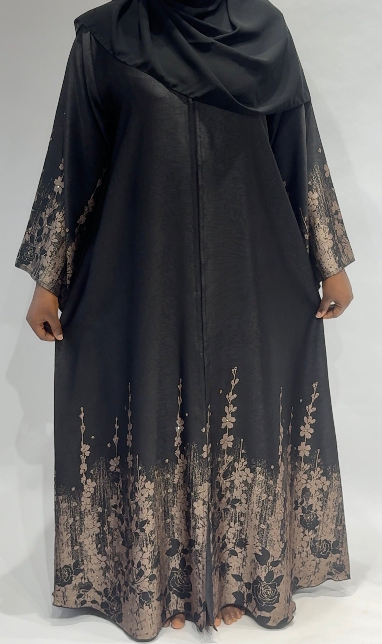 Black floral Gold border print Abaya