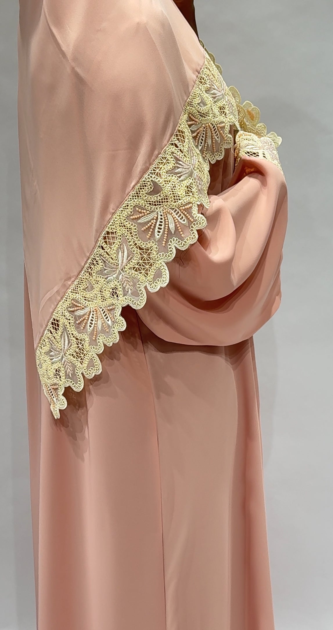 Blush Lace-Trimmed Open Abaya