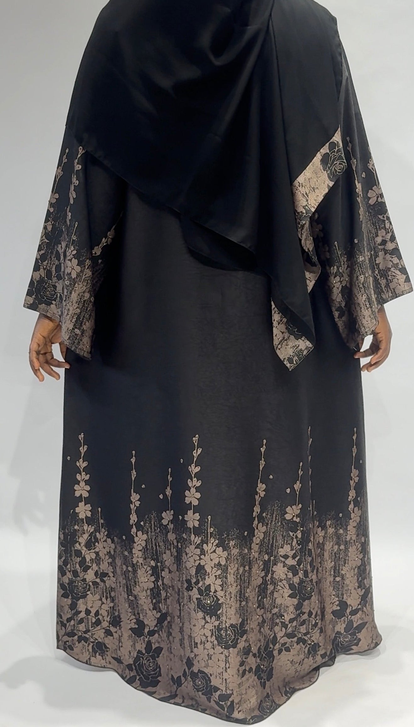 Black floral Gold border print Abaya