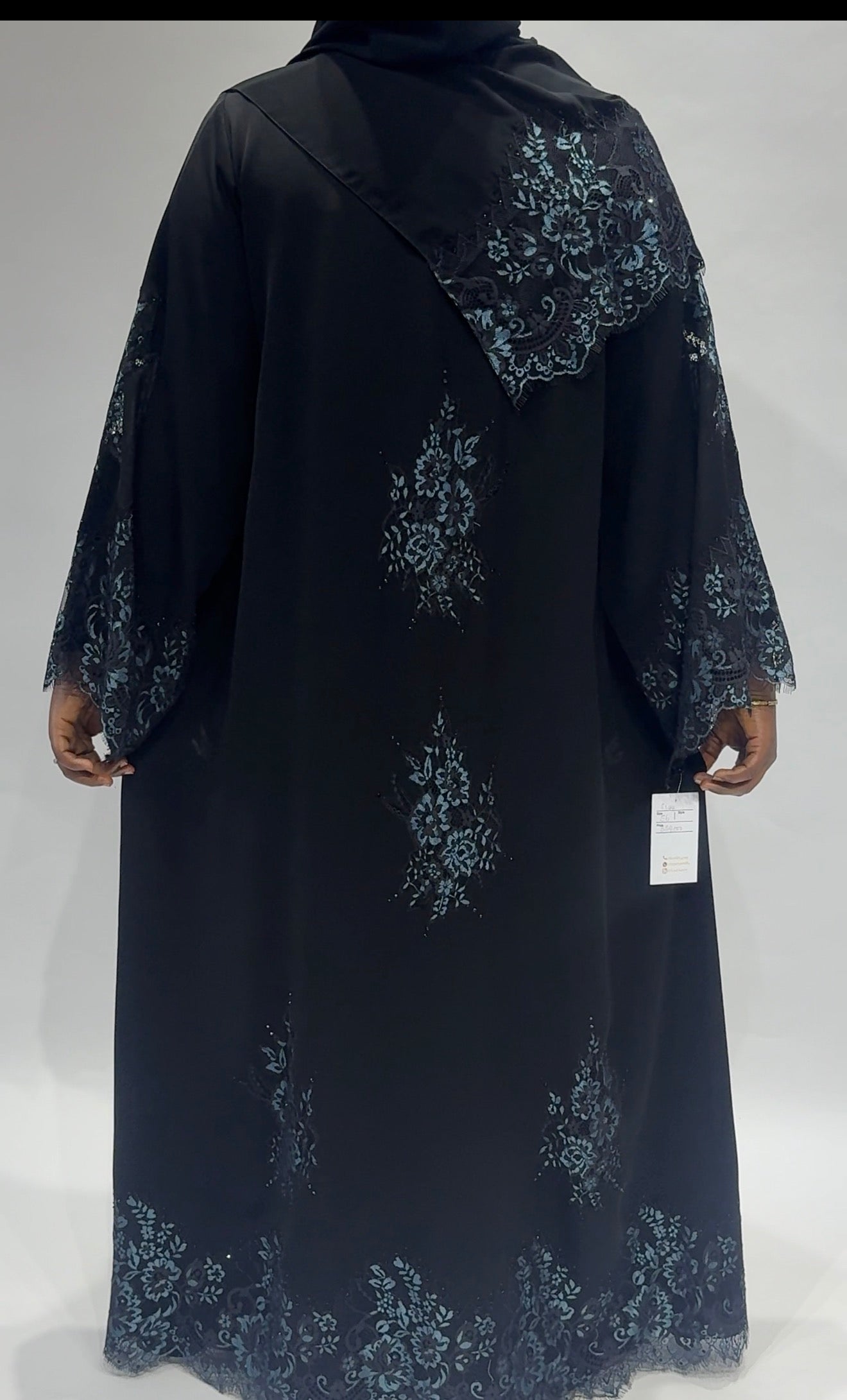 Embellished Black Lace Open Exclusive-Abaya with Blue Floral Embroidery