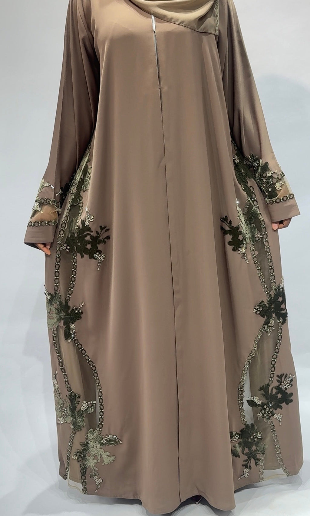 Olive Bloom Embroidered Open Abaya