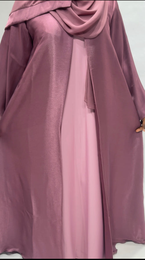 3-Piece Mauve Satin Organza Open Abaya Set
