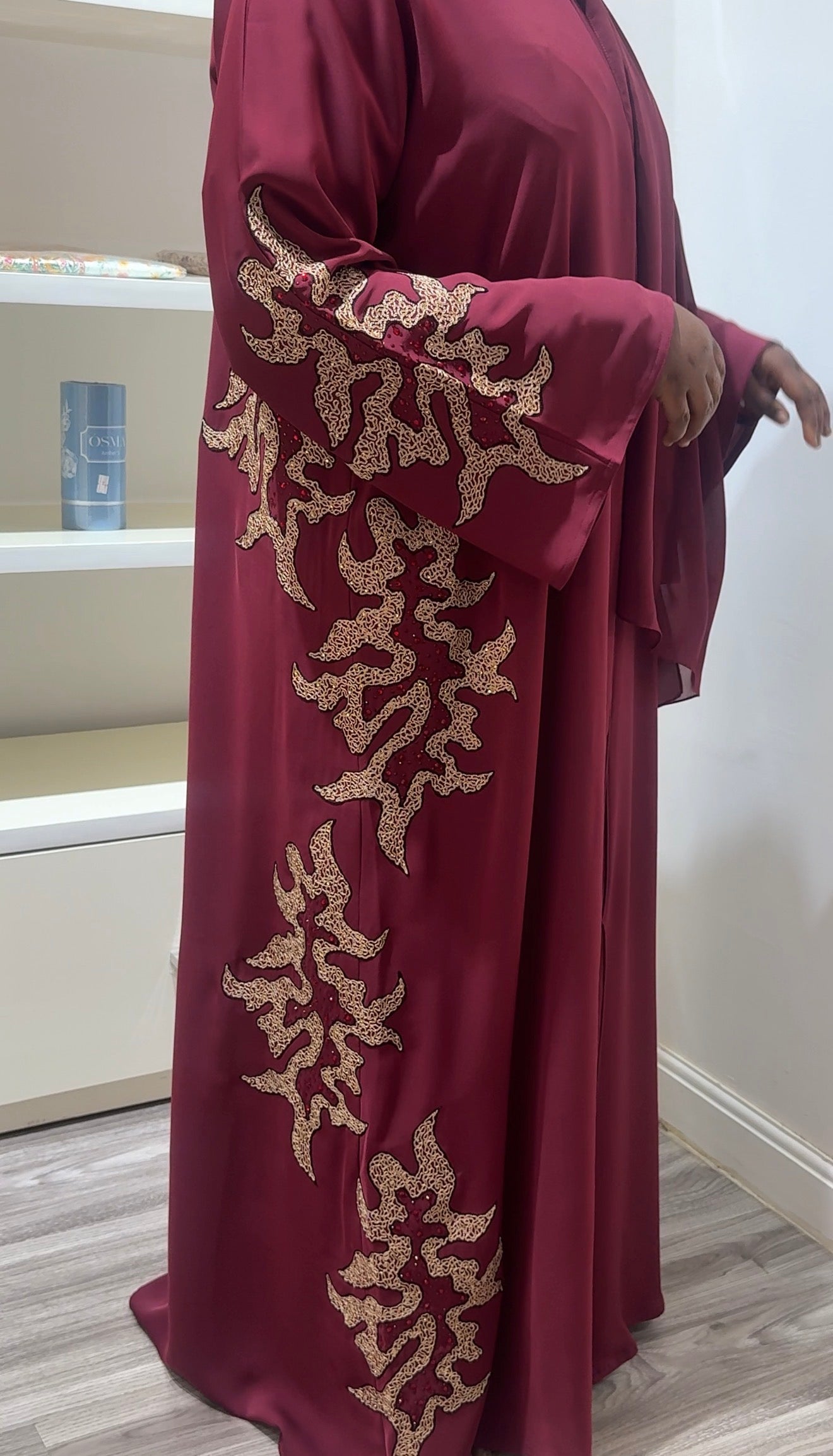 Luxury Maroon with Art-Deco Gold Pattern Abaya