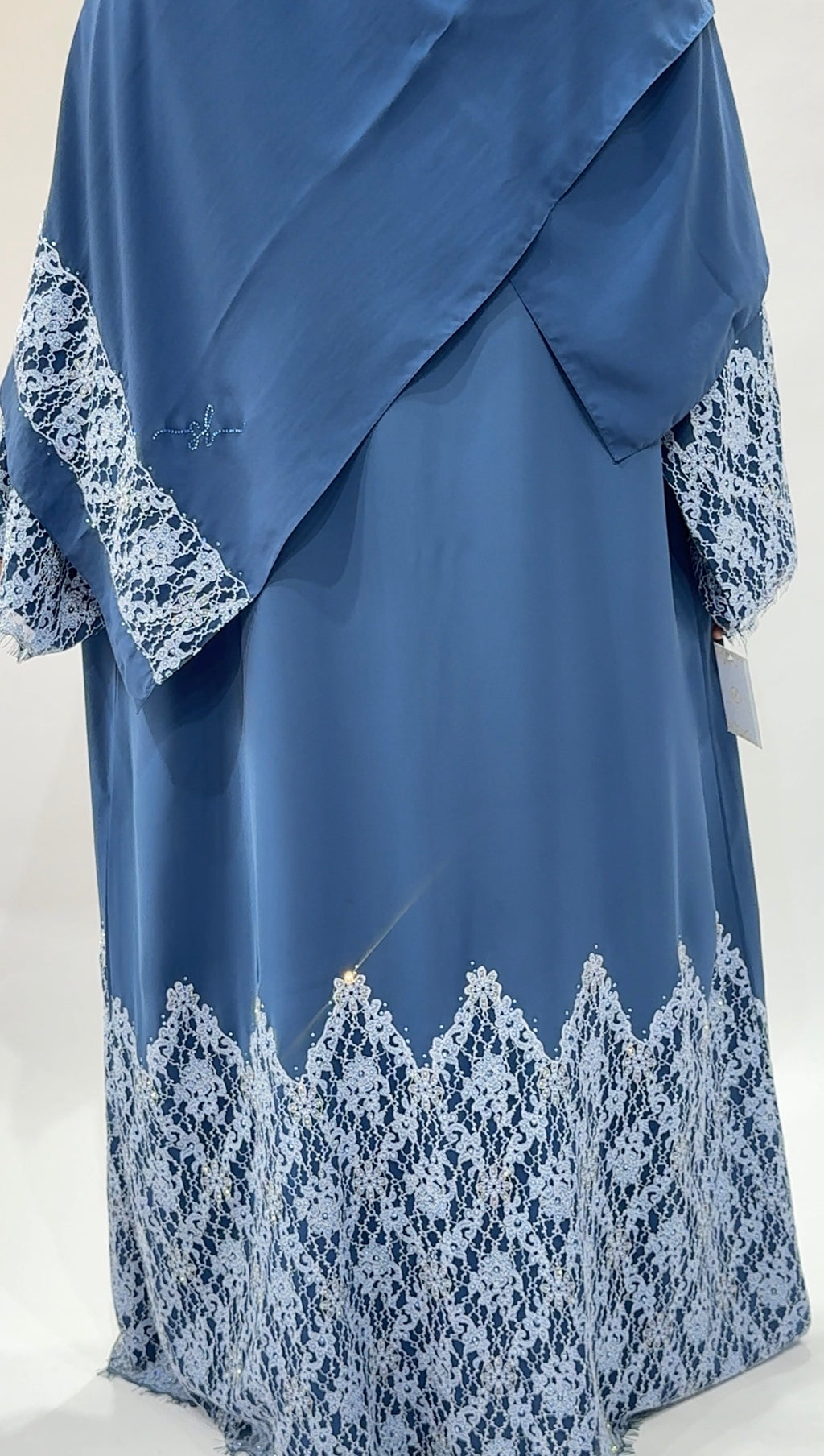 Dusty Blue Lace-Trimmed Open-Front Exclusive-Abaya