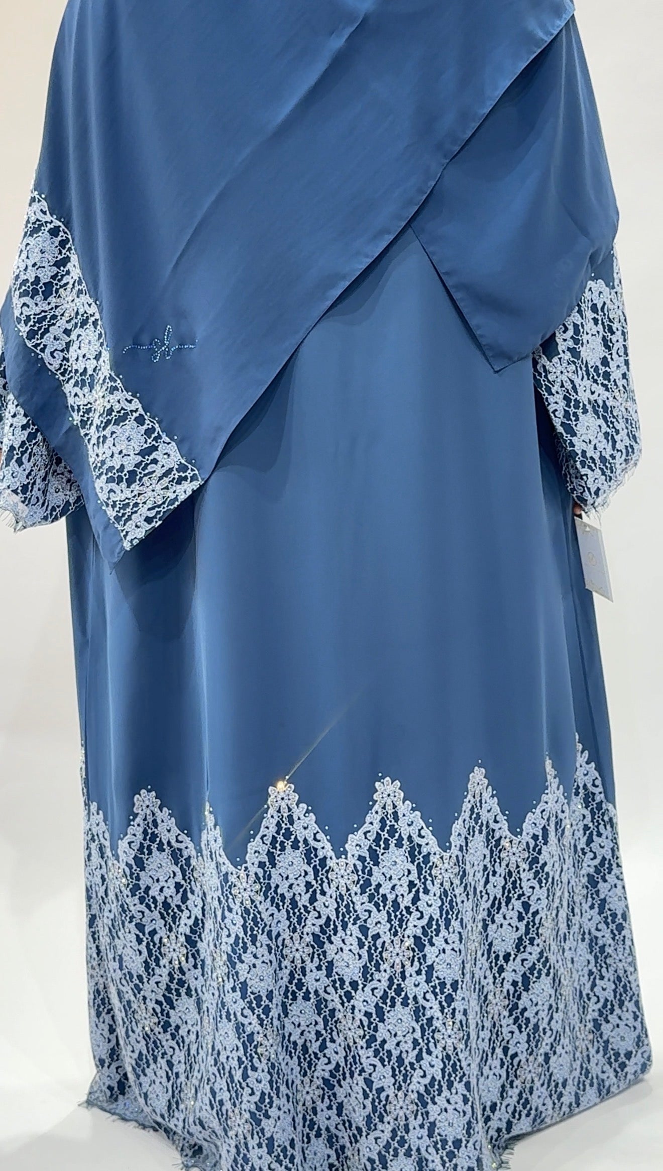 Dusty Blue Lace-Trimmed Open-Front Exclusive-Abaya