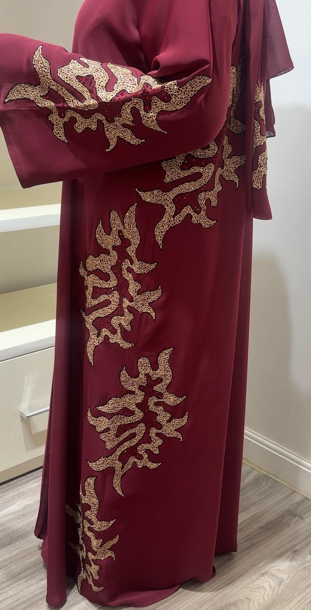 Luxury Maroon with Art-Deco Gold Pattern Abaya