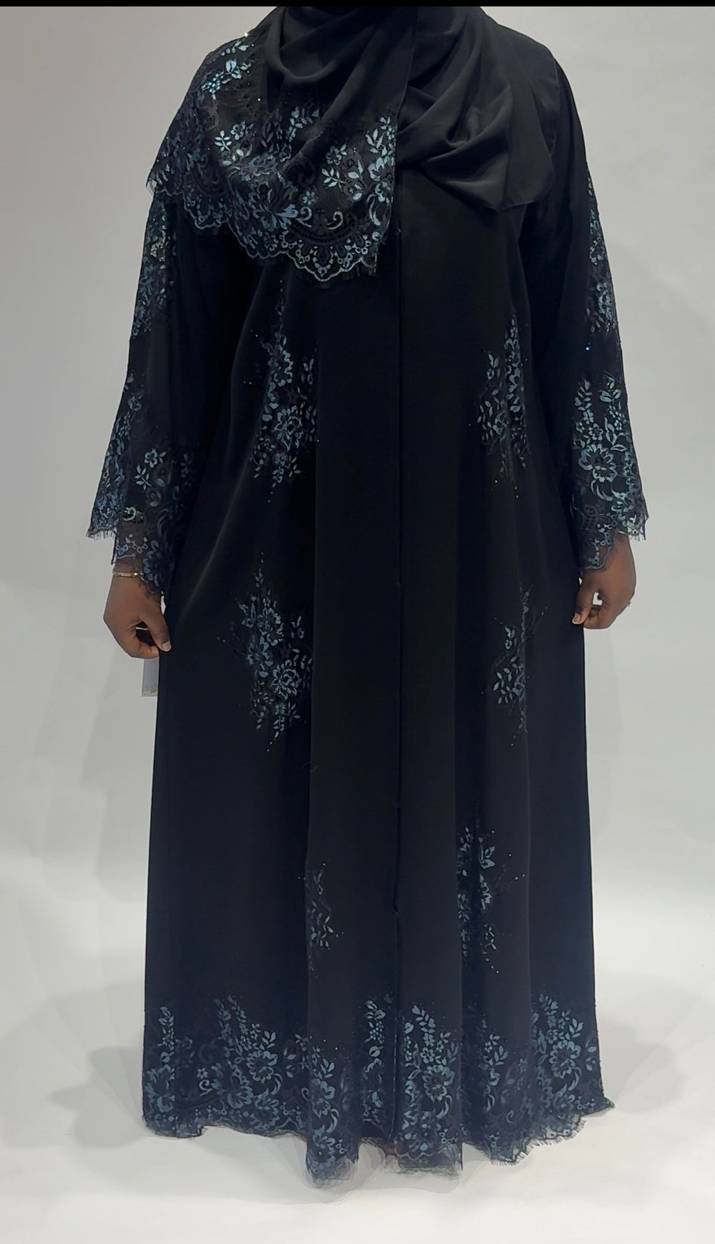 Embellished Black Lace Open Exclusive-Abaya with Blue Floral Embroidery