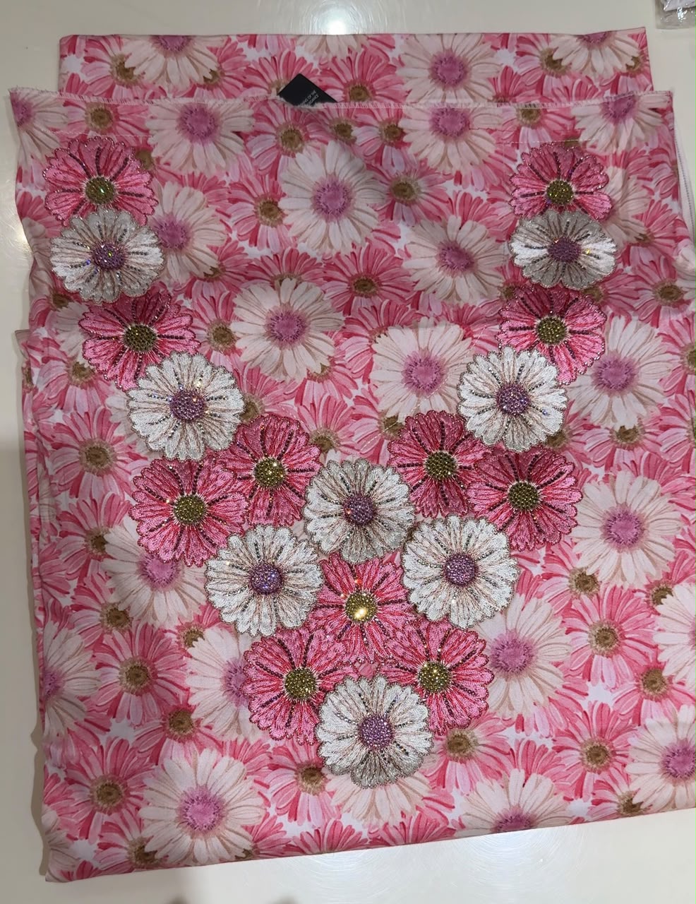 Pink Daisy Embellished Mukhawar – Unstitched