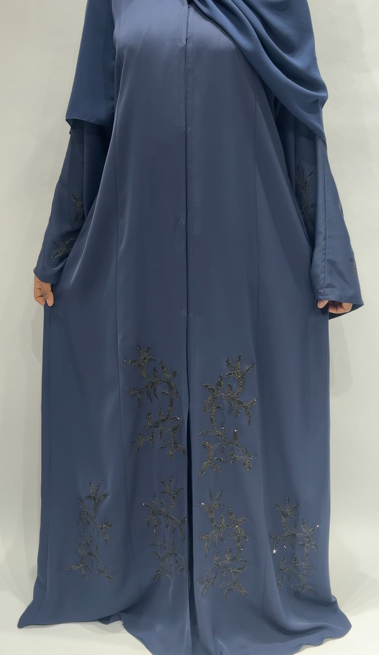 Dusty Blue Open-Front Abaya with Beaded Embroidery