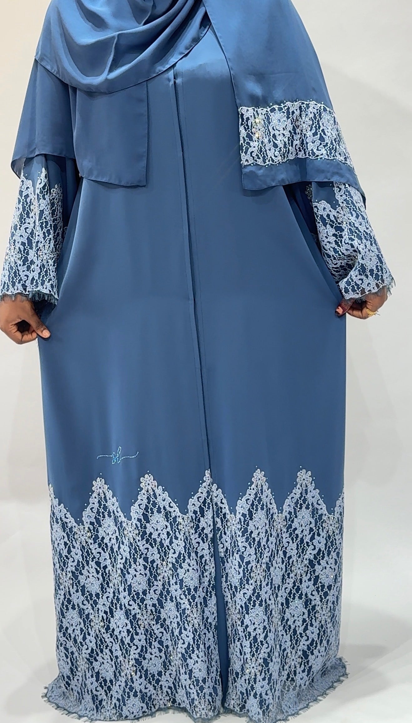 Dusty Blue Lace-Trimmed Open-Front Exclusive-Abaya