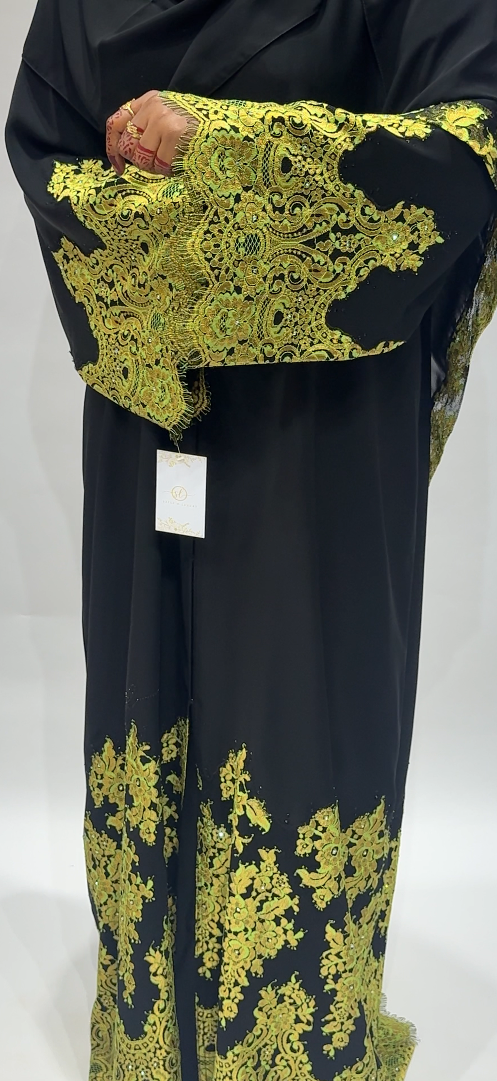 Black Abaya with Vibrant Yellow-Green Lace Hem Exclusive-Abaya