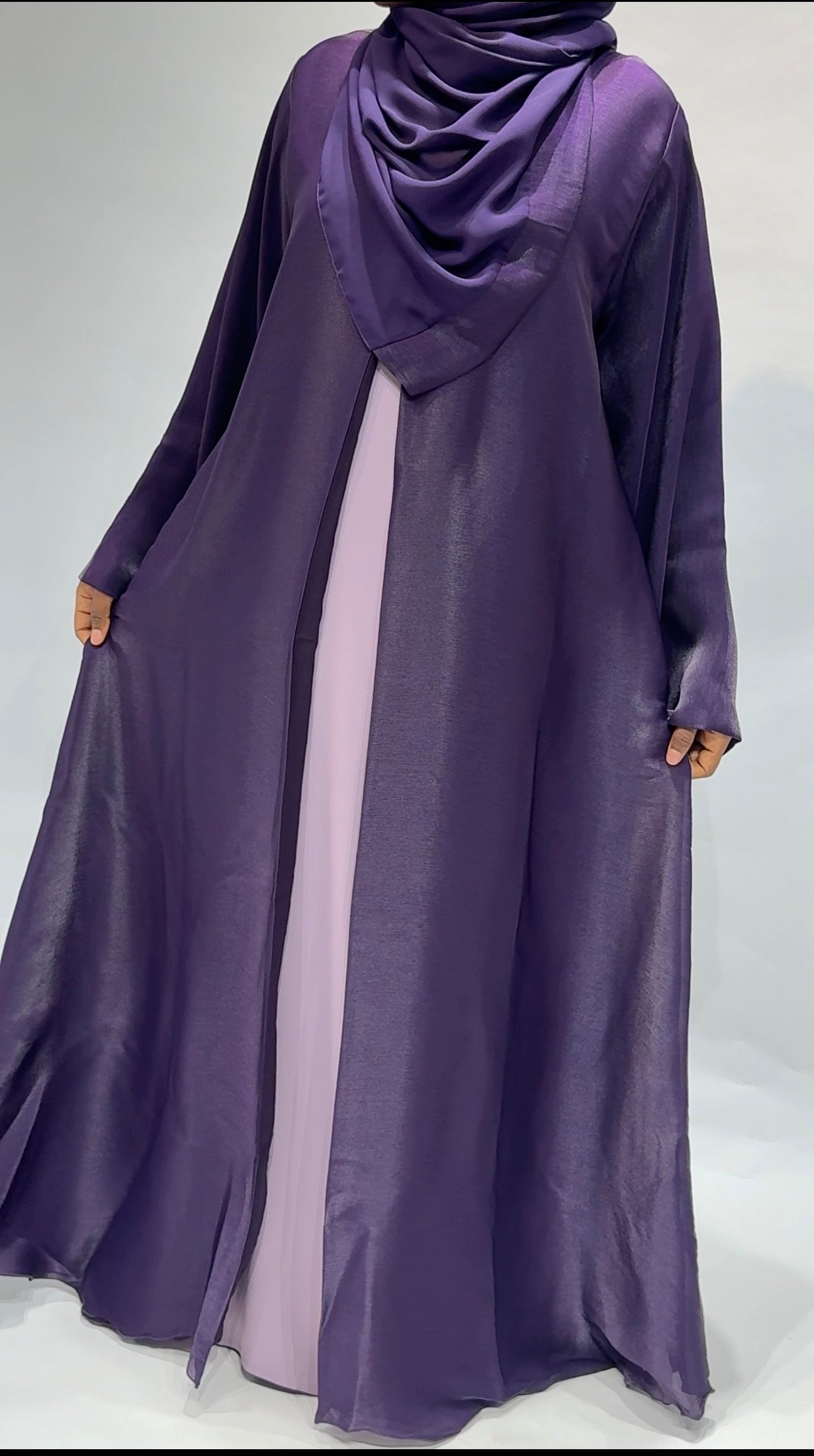 Purple satin organza with inner korean nidha fabric Abaya