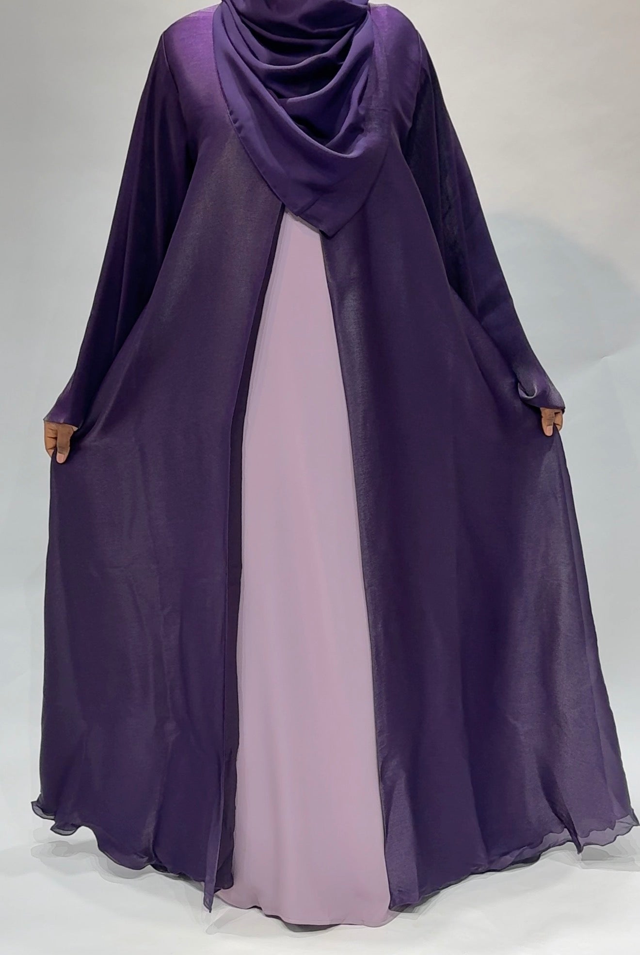 Purple satin organza with inner korean nidha fabric Abaya