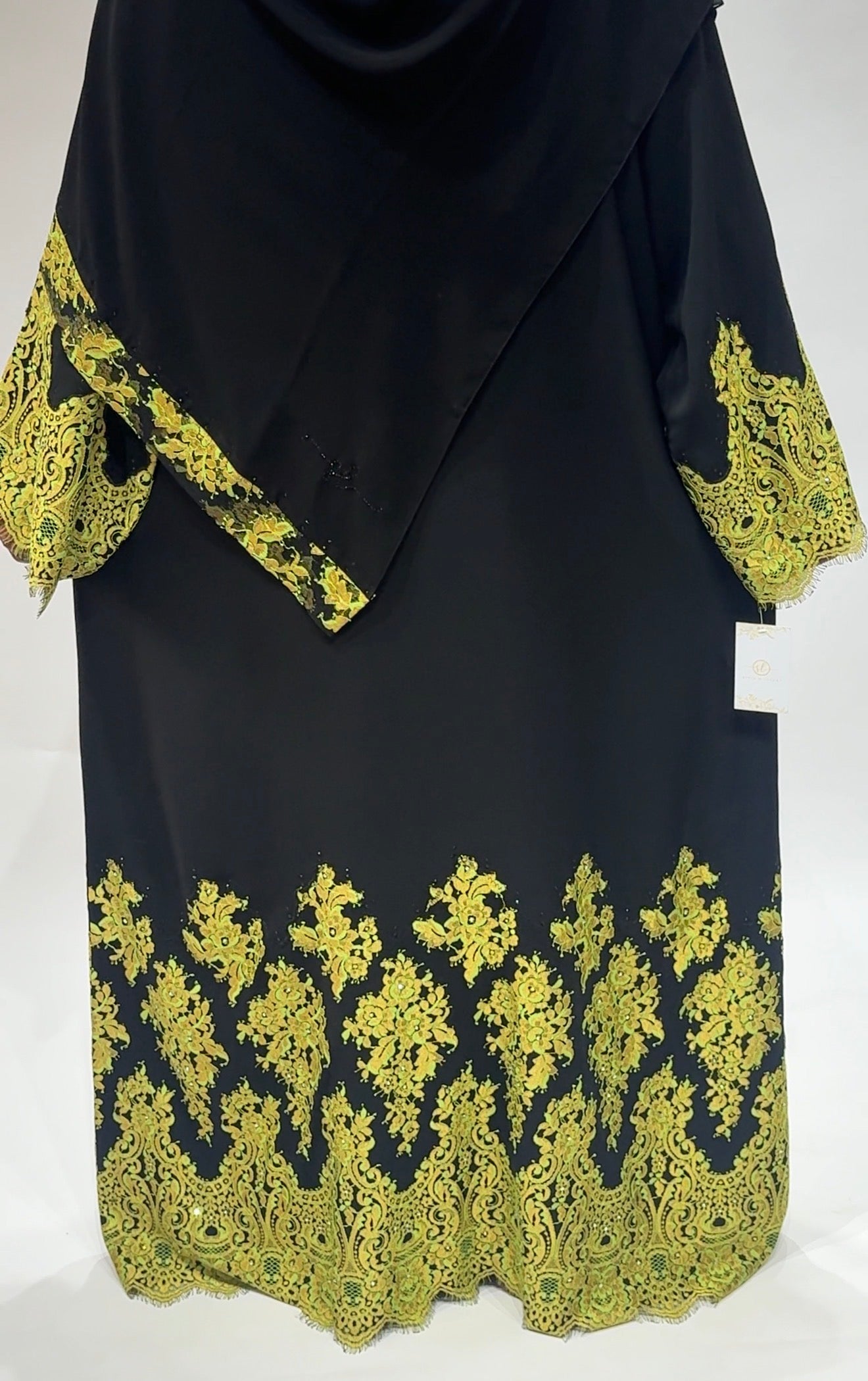 Black Abaya with Vibrant Yellow-Green Lace Hem Exclusive-Abaya