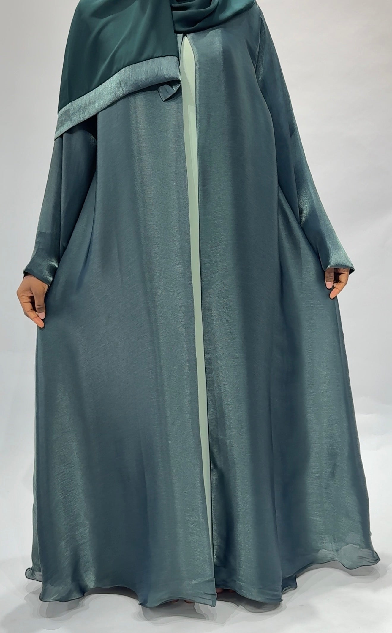Emerald Mist Classic satin organza with inner Korean nidha fabric Abaya