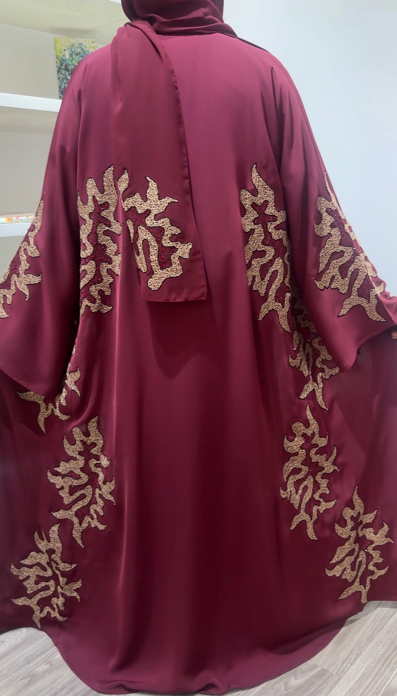 Luxury Maroon with Art-Deco Gold Pattern Abaya