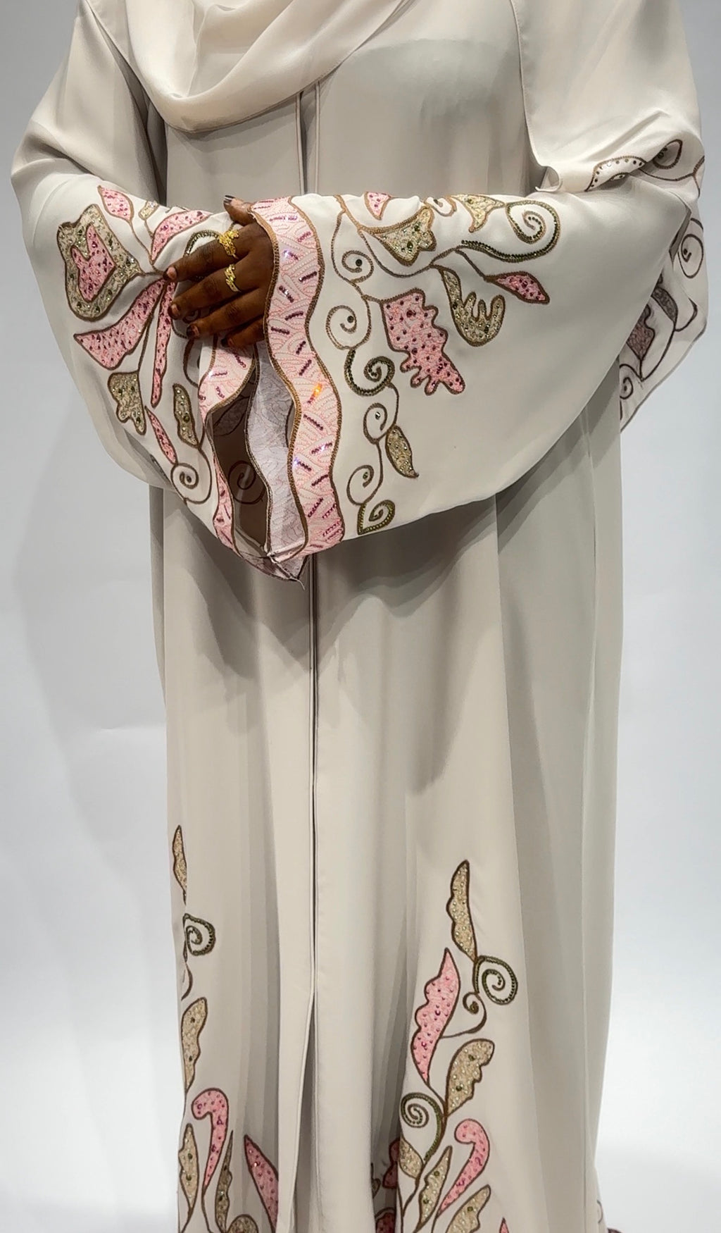 Cream & Blush Embroidered Floral Abaya