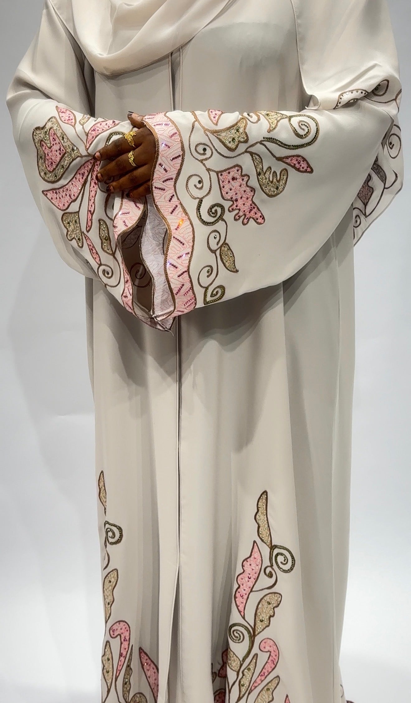Cream & Blush Embroidered Floral Abaya